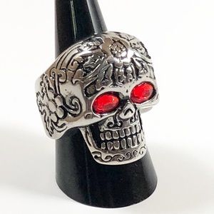 Stainless Steel Sugar Skull Ring Red Stone Eyes